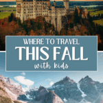 autumn foliage with castle and mountains over crystal clear lake