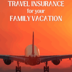 why you need family travel insurance for your vacation with kids. plane taking off at sunset.