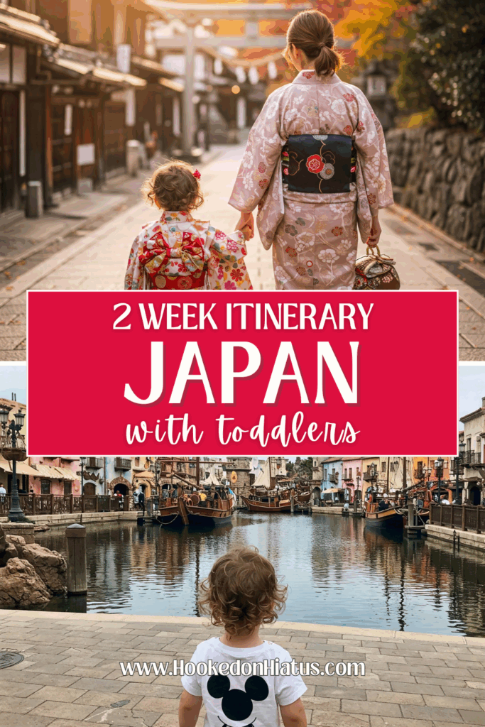 Pinterest-www.hookedonhiatus.com-Japan itinerary with toddlers 3 toddler in kimono walking with mom during day