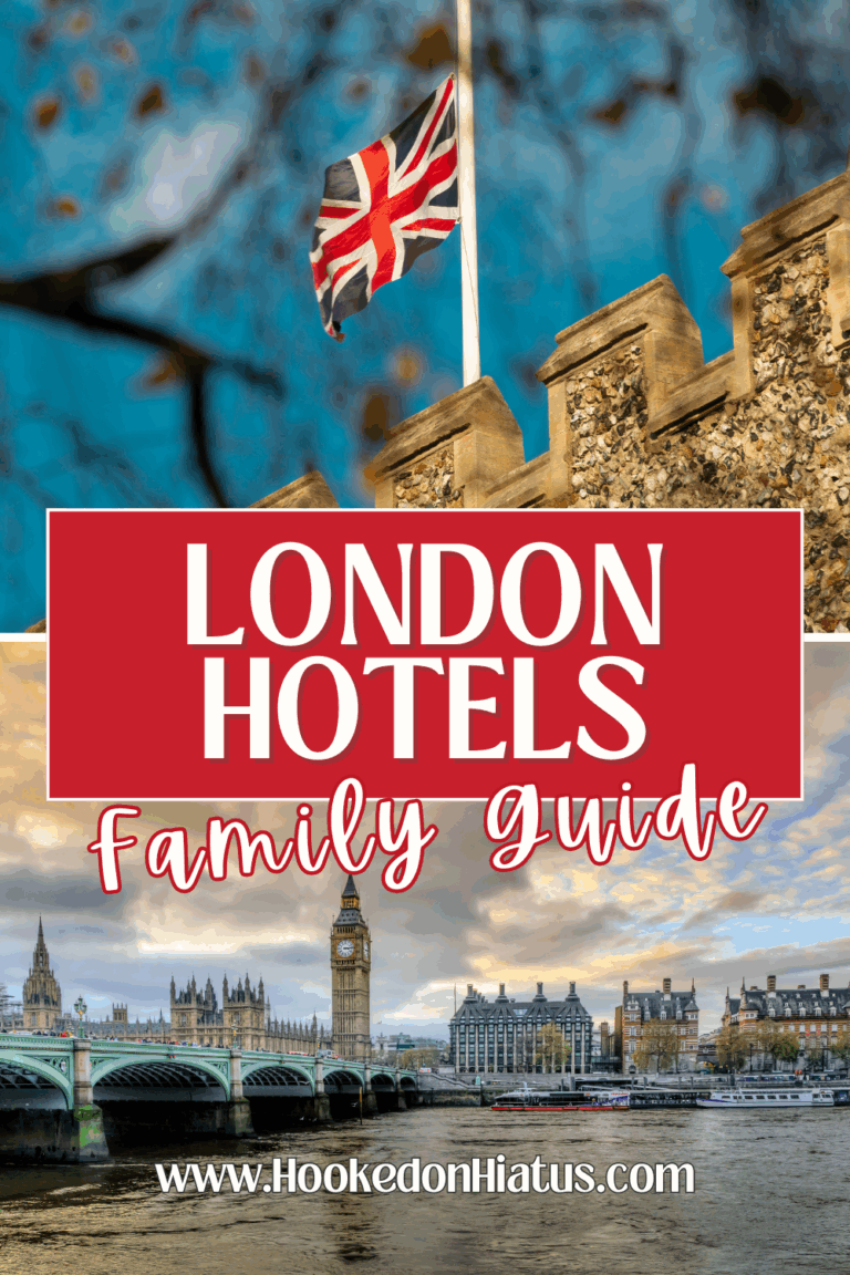 London skyline over Thames River and British flag on a castle