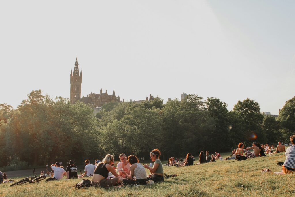 a group of people sitting on top of a lush green field