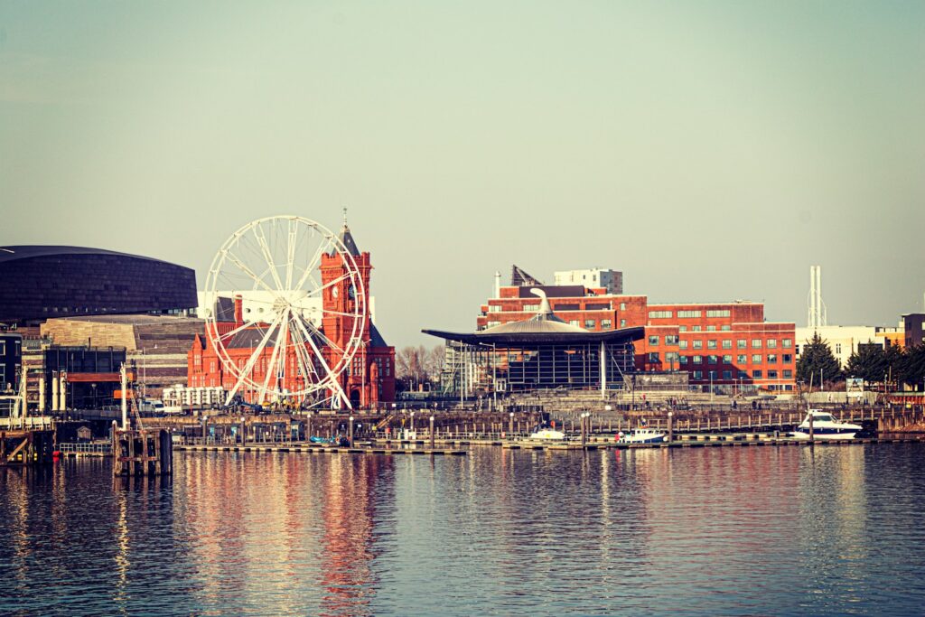 a ferris wheel sitting on top of a body of water