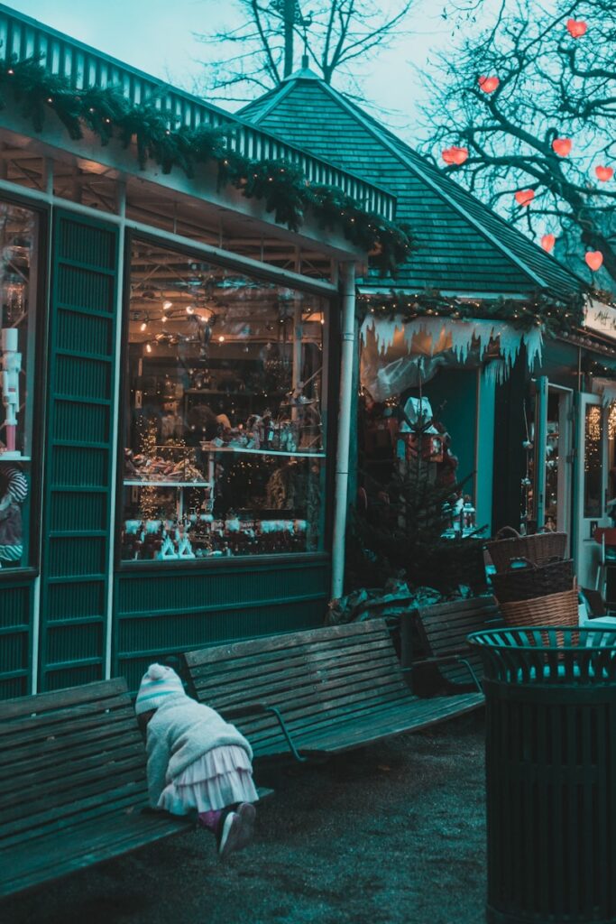 a dog laying on a bench in front of a store