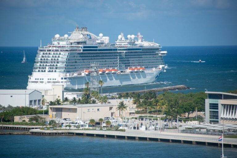 A large cruise ship situated in a tropical port, showcasing marine travel's allure.